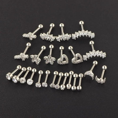 12 Pairs CZ Stud Earrings 16G Cartilage Earring Set For Tragus Helix And Ear Piercings, Hypoallergenic 316L Stainless Steel With Clear Cubic Zirconia, Tiny Ball Screw Back Earrings, Cute Heart And Flower Designs For Women. assorted CZ cartilage stud earrings set on black background