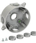 Round Outdoor Electrical Box Built Tough For Weatherproof Outlets Five 0.75 Inch Holes Aluminum Construction CUL Listed Gray