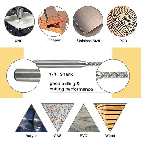 End mill set, 1/4 shank, 1/8 diameter, 4-flute straight cutters for wood, nylon, aluminum, steel.