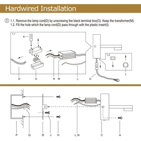 Diagram of hardwired installation for Sleek Plug In Vanity Light Bar For Bathroom Over Mirror, 15.75 Inches, 12W LED 3000K Warm White Glow