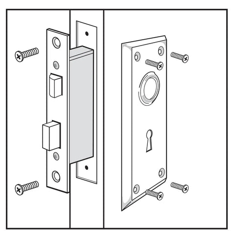 Diagram of Old Timey Vintage Style Indoor Mortise Lock Assembly Kit With Cast Steel Brass Plated Finish Antique Skeleton Key