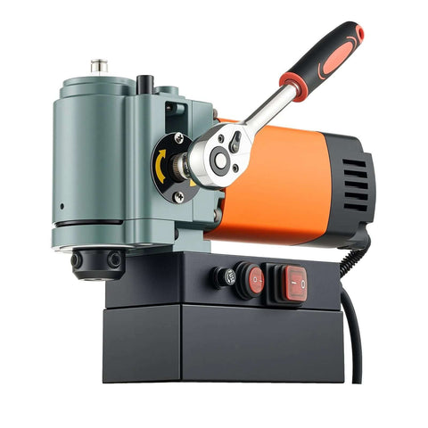 VEVOR low-profile magnetic drill press, side view with orange motor housing and green head on black base