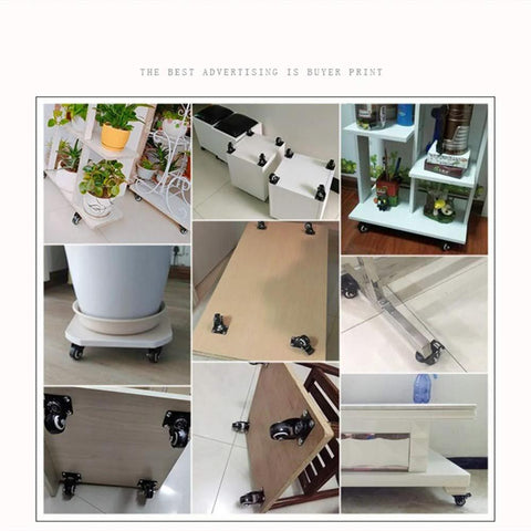 Four M8x25mm PU Rotating Caster Set shown installed on various furniture and shelves, demonstrating versatility and 360 degree swivel.