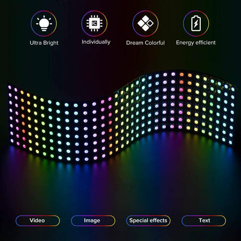 Individually Addressable LED Matrix 8x32 256 Pixel Full Color Display, 12.5in By 3.1in Flexible FPCB, WS2812B RGB 5050SMD, Ultra Bright Digital Signboard, Works With SP802E Controllers, DC5V showing colorful wave pattern
