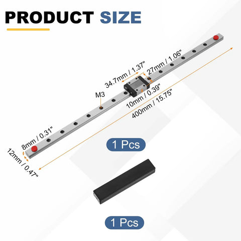 MGN12 400mm Linear Sliding Rail Guide With MGN12C Carriage Block and Mini Guide showing dimensions for DIY CNC Machines and 3D Printers