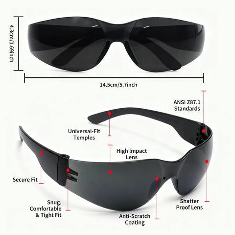 Heavy Duty Protective Safety Glasses Featuring Kickass Impact Resistance And ANSI Certification For Construction Crews and Workshop Pros, black lenses, ANSI Z87.1 standards.