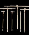 Front view of six-piece stainless steel telescoping bore gauge set (5/16"–6" range) with knurled handles