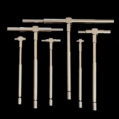 Front view of six-piece stainless steel telescoping bore gauge set (5/16"–6" range) with knurled handles