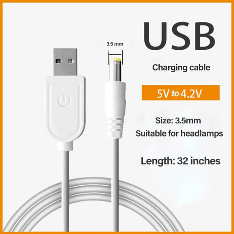 USB Charger Cable For Rechargeable Headlamps And 4.2V Devices, 5V USB Input To 4.2V DC 3.5mm Barrel Plug, 2.7 Foot Cord, shown coiled