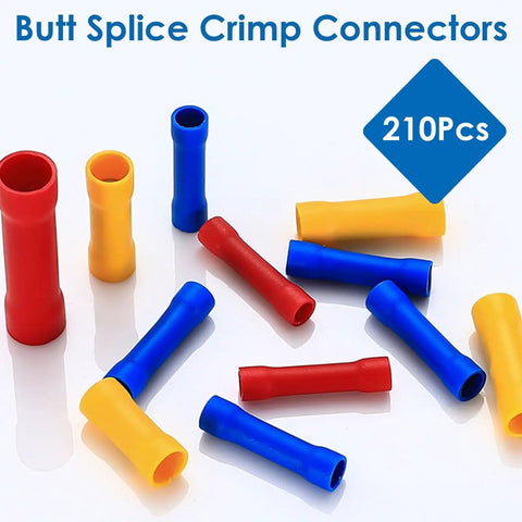 Assorted red, blue, yellow butt splice connectors from 210 piece kit with brass core and PVC for 22-10 AWG wiring projects.