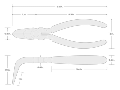Diagram of 6 Inch 70 Degree Long Nose Pliers With Slim Bent Nose, showing dimensions and slim design for tight obstructions.