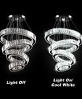 Modern 4 Ring Crystal Chandelier With Built In LED Pendant Light, Cool White K9 Crystal Ceiling Fixture light off and on