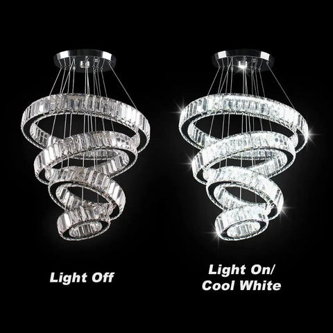 Modern 4 Ring Crystal Chandelier With Built In LED Pendant Light, Cool White K9 Crystal Ceiling Fixture light off and on
