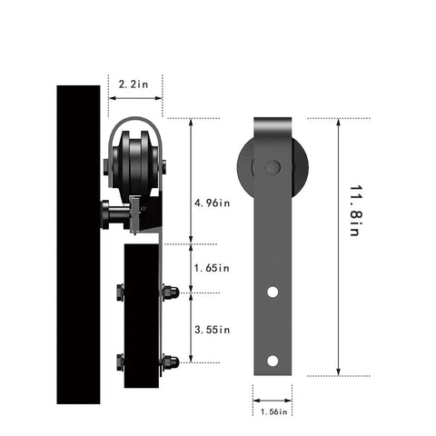 Diagram showing dimensions of Six Point Six Foot Sliding Barn Door Hardware Kit With Five Track System For Doors From Thirty Five To Forty Inches Wide Built Tough With Nylon Bearings And J Shape Hangers For Smooth Quiet Operation.