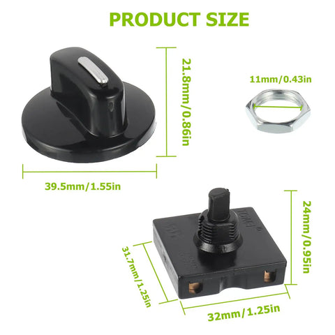 Rotary Switch Four Position Three Speed Power Selector with knob and mounting nut, ABS plastic housing, product size measurements shown