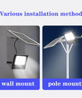 JUDYSSY Solar Flood Lights 65W100W120W150W, Solar Security Lights Led High Pow, 65w，100w，100w, showing wall and pole mount options.