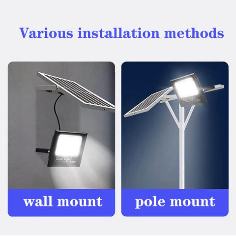 JUDYSSY Solar Flood Lights 65W100W120W150W, Solar Security Lights Led High Pow, 65w，100w，100w, showing wall and pole mount options.