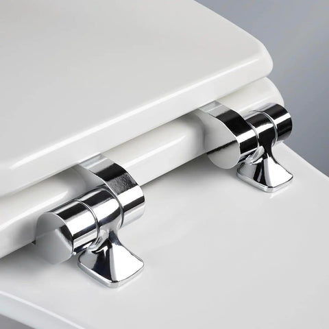 Soft Close Toilet Seat With Chrome Hinges And Wood Seat, Secure Metal Mount, Easy Install, Round White, Made In USA, Durable, Quiet Operation For Everyday Bathroom Comfort