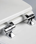 Toilet Seat With Chrome Hinges, Slow Close Wood Seat, Easy Install, Elongated White, durable metal hinges detail
