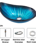 Modern Oval Glass Vessel Sink With Blue Line Stripes, Slick Countertop Washbasin Built On Badass Toughened Glass, showing blue interior.