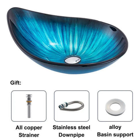 Modern Oval Glass Vessel Sink With Blue Line Stripes, Slick Countertop Washbasin Built On Badass Toughened Glass, showing blue interior.