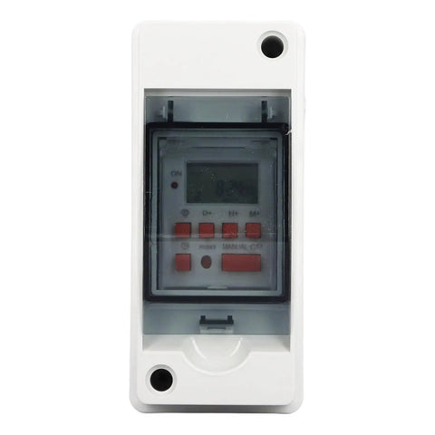 Heavy Duty Programmable Timer Switch For Pool Pump And Heater Brings Crisp LCD Display with buttons in a weatherproof box.