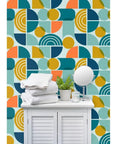 Top Shelf Modern Geometric PVC Free Professional Wallcovering Durable Polyester Linen Finish High Traffic Kitchens Bathrooms Hallways Simple Paste To Paper Wallpaper with colorful geometric patterns.