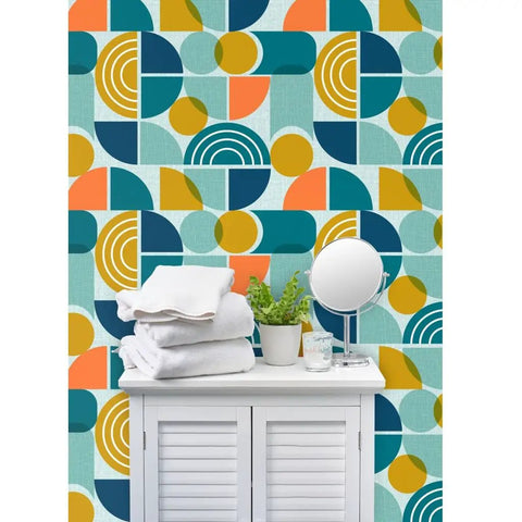 Top Shelf Modern Geometric PVC Free Professional Wallcovering Durable Polyester Linen Finish High Traffic Kitchens Bathrooms Hallways Simple Paste To Paper Wallpaper with colorful geometric patterns.