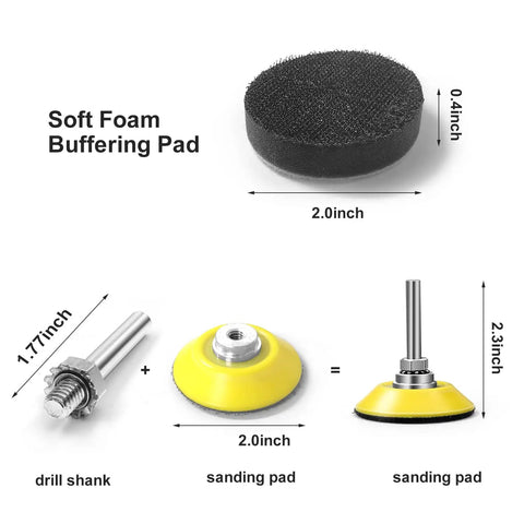 All In One 2 Inch Sanding Disc Kit components showing soft foam pad, drill shank, and sanding pad with measurements