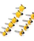 Rock Solid Fifty Piece Router Bit Set Featuring Quarter Inch Shank has yellow milling cutters for precision CNC woodworking.
