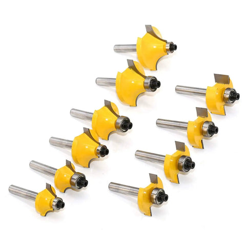 Rock Solid Fifty Piece Router Bit Set Featuring Quarter Inch Shank has yellow milling cutters for precision CNC woodworking.
