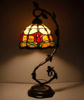 Red Tiffany Style Stained Glass Tulip Table Lamp with Bronze Metal Leaf Base, 21 Inch Tall Reading Desk Light for Small Spaces, UL Listed.