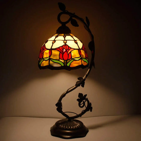 Red Tiffany Style Stained Glass Tulip Table Lamp with Bronze Metal Leaf Base, 21 Inch Tall Reading Desk Light for Small Spaces, UL Listed.