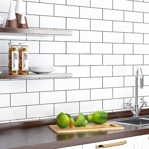 Kitchen with Easy Peel And Stick Subway Tile Backsplash Wallpaper, white brick pattern behind sink and shelf.