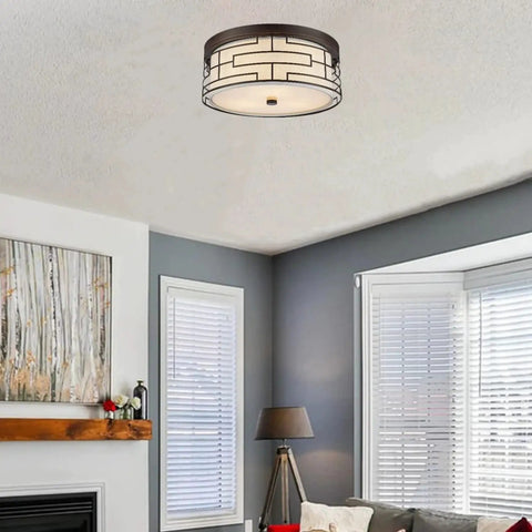 Semi Flush Drum Ceiling Light 3 Light in Oil Rubbed Bronze Finish with Linen Shade in modern living room