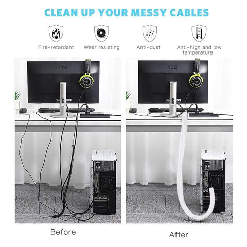 Before and after using Cable Sleeve Six Point Six Feet Cord Cover For Home Office And TV Wires White No Fuss Pet Proof Cord Protector