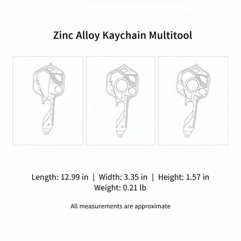 Zinc Alloy Multitool Keychain With Screwdriver Wrench And Bottle Opener For Everyday Carry Grab And Go Utility, dimensions shown