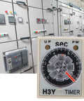 Adjustable Time Relay H3Y With Transparent Dial And Heavy Duty Brass Terminals For No Sweat On Delay Wiring In Home Projects And Industrial Gear That Is Straight Up Reliable on a control panel backdrop.