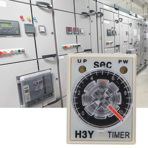 Adjustable Time Relay H3Y With Transparent Dial And Heavy Duty Brass Terminals For No Sweat On Delay Wiring In Home Projects And Industrial Gear That Is Straight Up Reliable on a control panel backdrop.