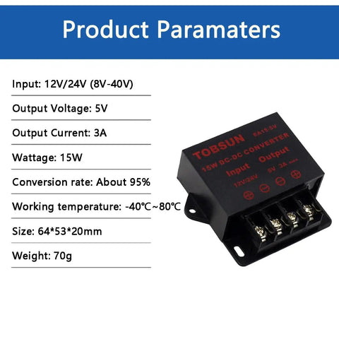 Image of Tailgate Ready DC DC Step Down Buck Converter Voltage Regulator, showing specifications and connections.