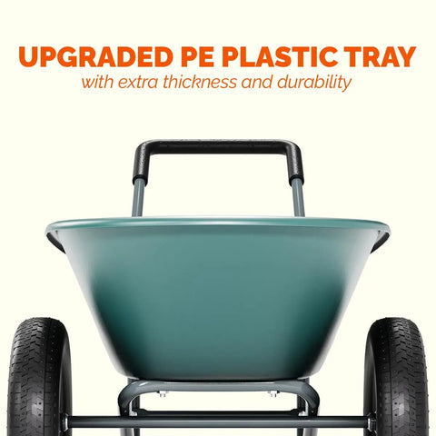 Two Wheel Wheelbarrow Yard Cart With Padded Handlebar And 14 Inch Pneumatic Tires, showing upgraded PE plastic tray
