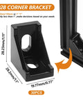 Close-up of 2028 corner bracket from 30 Piece 2020 Series Aluminum T Slot Rail Connector Kit with measurements for DIY projects