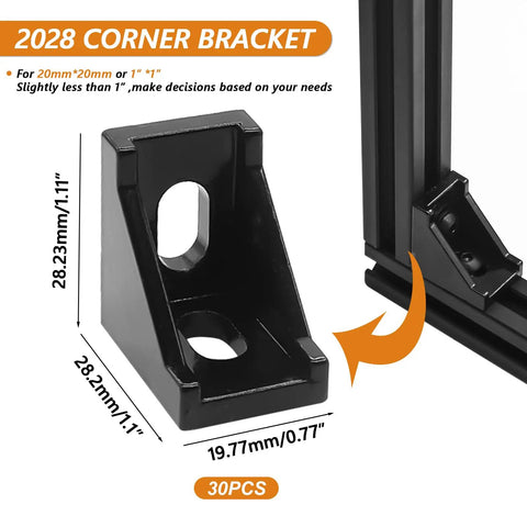 Close-up of 2028 corner bracket from 30 Piece 2020 Series Aluminum T Slot Rail Connector Kit with measurements for DIY projects