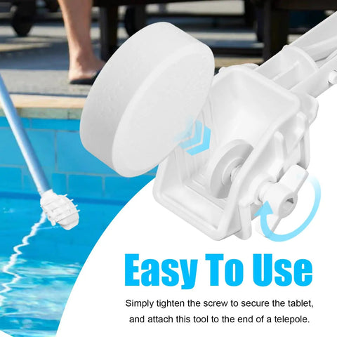 Clip On Pool Tablet Holder For 3 Inch Chlorine Tablets No Fuss Telescoping Pole Attachment next to a swimming pool