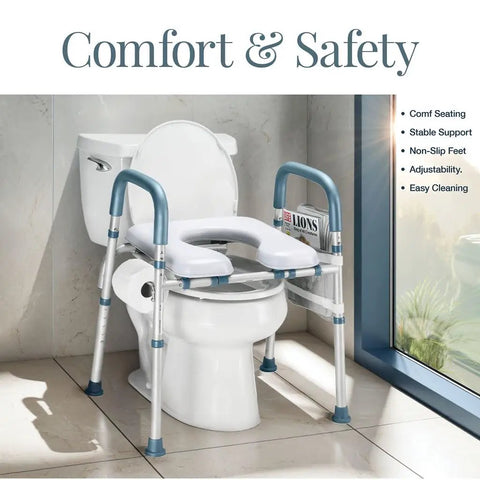 Adjustable Heavy Duty Toilet Seat Riser With Armrests For Seniors Holds Up To 400 Pounds Features Built Tough Foam Grips Non Slip Rubber Feet Foldable Design Quick Bathroom Mobility Aid