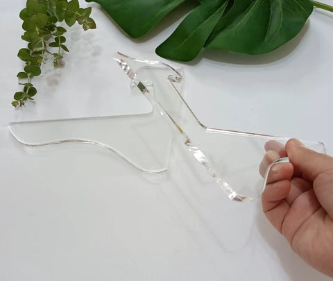 Premium Acrylic Router Template Set For Standing Cutting Boards, Hella Tough Charcuterie Stencil, held in hand, clear material.