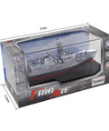 Military RC Warship Boat With 2.4 GHz Remote Control Realistic Navy Vessel Toy in silver, packaged in display box