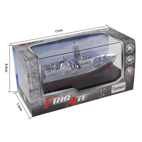 Military RC Warship Boat With 2.4 GHz Remote Control Realistic Navy Vessel Toy in silver, packaged in display box