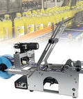 No Sweat Semi Auto Round Bottle Labeler With Inline Date Coder for plastic jars, features heavy duty aluminum frame and label feeder.
