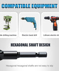 Auger drill bit with hexagonal shaft; black metal finish shown on a banner about compatible equipment.